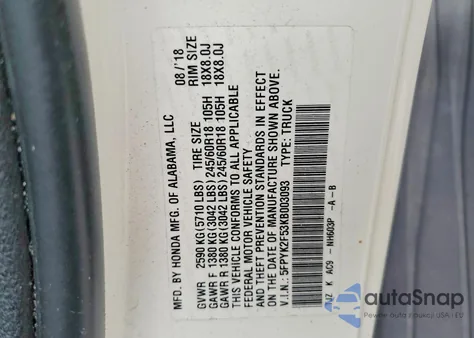 2019 Honda Ridgeline Rtl from USA, damaged, VIN 5FPYK2F53KB003093